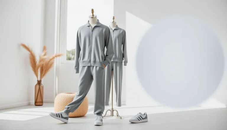 The Essentials Tracksuit showcased in a stylish, casual setting, emphasizing modern streetwear aesthetics.