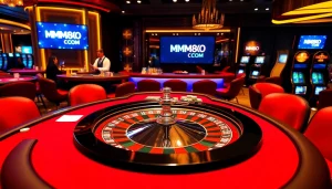 Experience thrilling gameplay at MM88 COM with vibrant casino scenes featuring poker chips and roulette.
