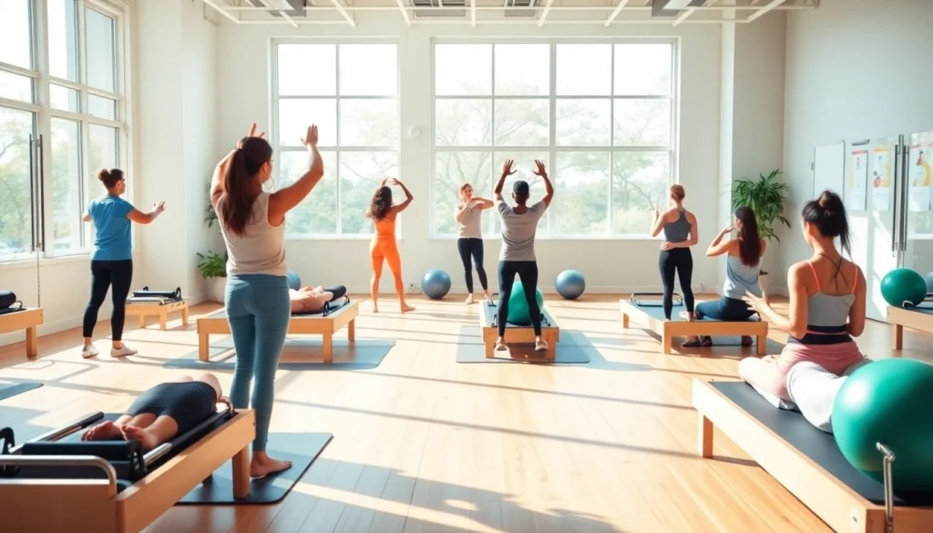 明るいスタジオでピラティス おすすめの実践を強調する、魅力的なピラティスのクラス風景。