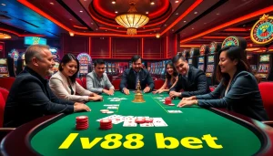 Excited players experiencing the thrill of gambling with lv88 bet at a luxurious casino table.