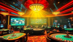 Players enjoying games at MV88 casino tables with a vibrant atmosphere.