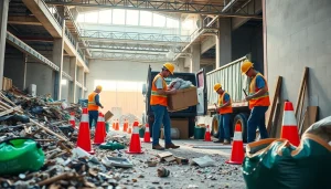 Construction debris removal in action at a clean construction site with workers and eco-friendly practices.