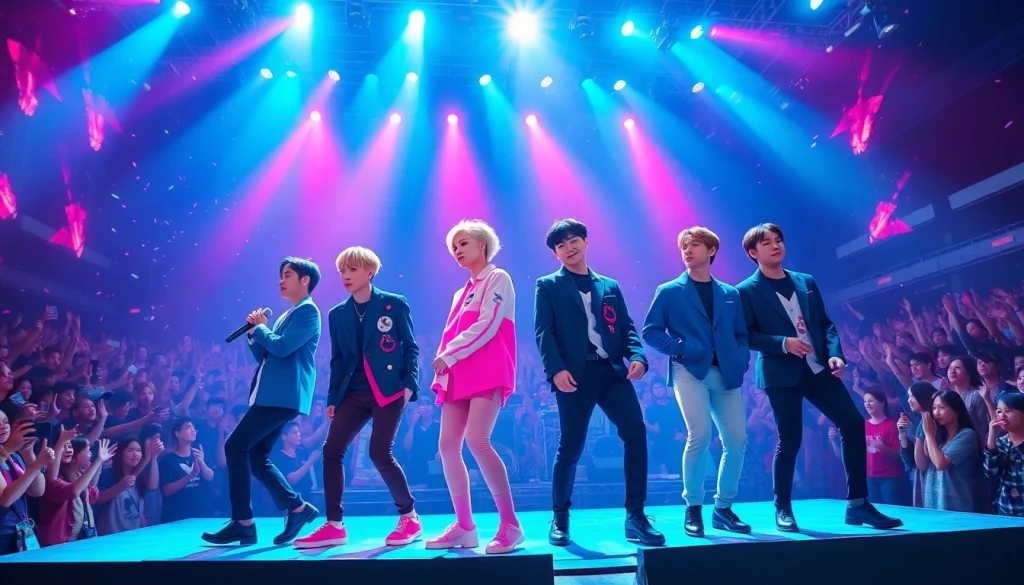 BTS news: BTS performing live on stage with dynamic lighting and energetic atmosphere.