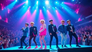 BTS news: BTS performing live on stage with dynamic lighting and energetic atmosphere.