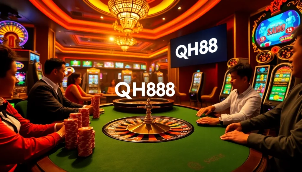 Players experience excitement at a QH88-themed casino table filled with poker chips and a roulette wheel.