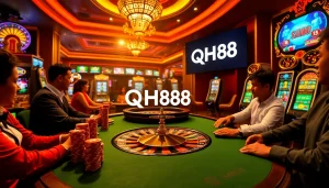 Players experience excitement at a QH88-themed casino table filled with poker chips and a roulette wheel.
