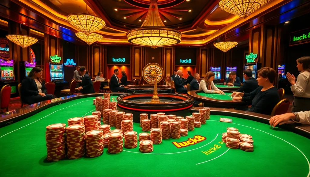 Experience thrilling gameplay at luck8 with poker chips and vibrant casino atmosphere.