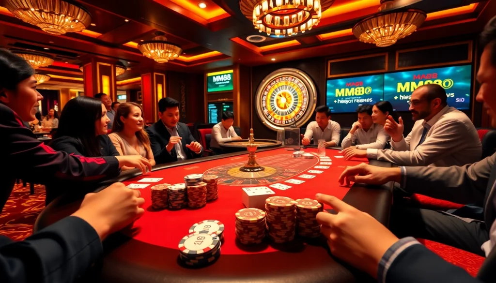 Players enjoying a thrilling poker game at the MM88 casino, showcasing excitement and luxury.