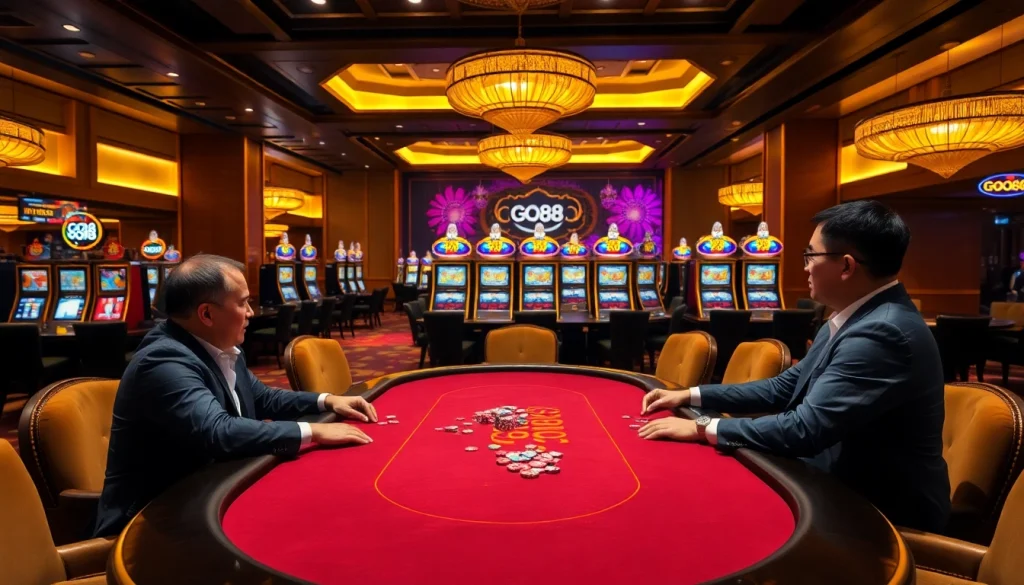 Exciting poker action at an upscale GO88 casino table with vibrant chips and players