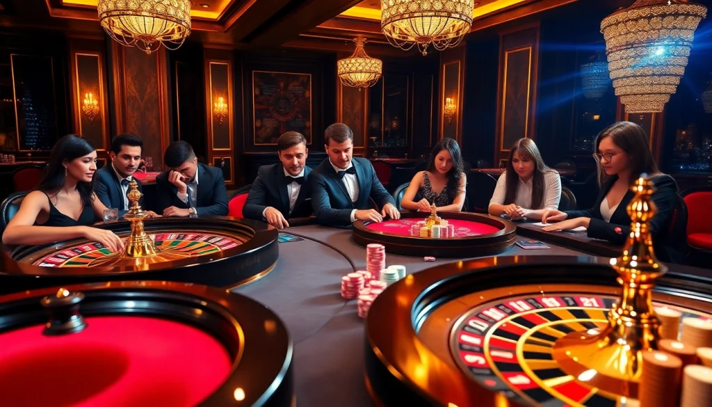 Exciting casino scene showcasing vibrant poker tables and roulette wheels, inspired by https://vaoluoitv.it.com gaming experience.