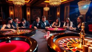 Exciting casino scene showcasing vibrant poker tables and roulette wheels, inspired by https://vaoluoitv.it.com gaming experience.
