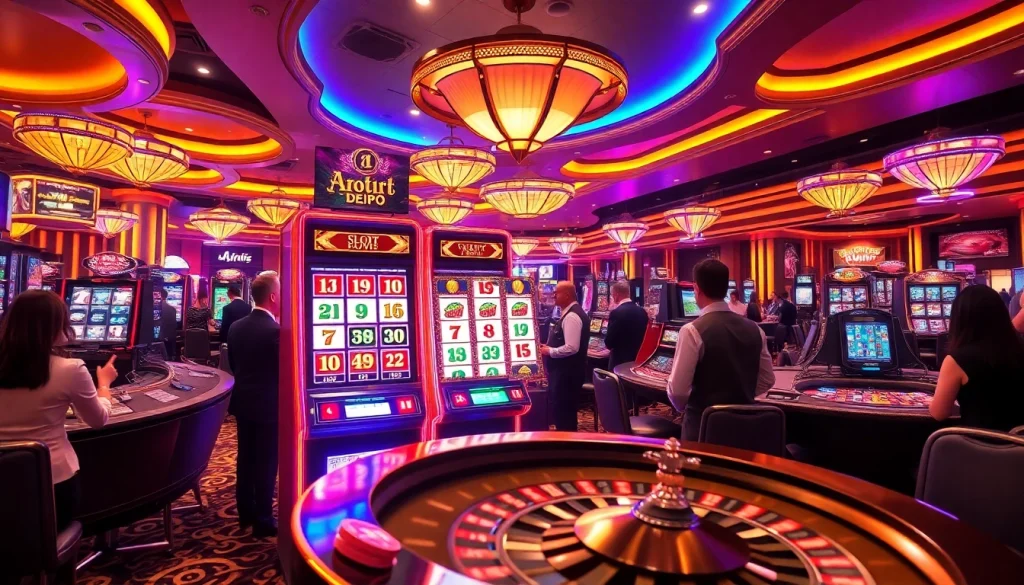 Players enjoying the thrill of slot depo 1k machines in a vibrant casino scene.