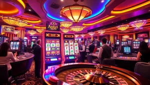 Players enjoying the thrill of slot depo 1k machines in a vibrant casino scene.