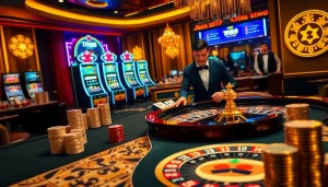Experience thrilling gameplay at TR88 casino with vibrant tables, dynamic dealers, and high stacks of chips.