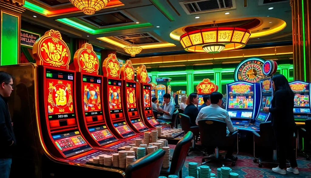 Rasakan sensasi demo mesin slot Mahjong dengan mesin berwarna-warni dan pemain yang antusias dalam adegan kasino yang hidup ini.