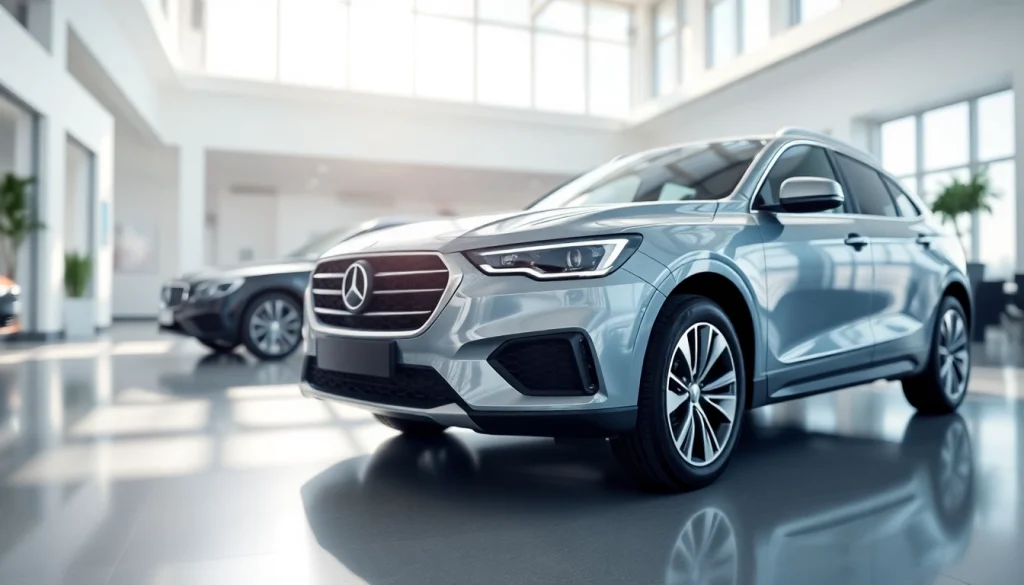 Get an online extended car warranty quote with a modern car showroom and a sleek vehicle on display.