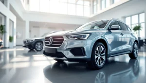 Get an online extended car warranty quote with a modern car showroom and a sleek vehicle on display.