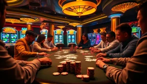 Players engage in a thrilling poker game at Man88's luxurious casino table, surrounded by vibrant chips and cards.