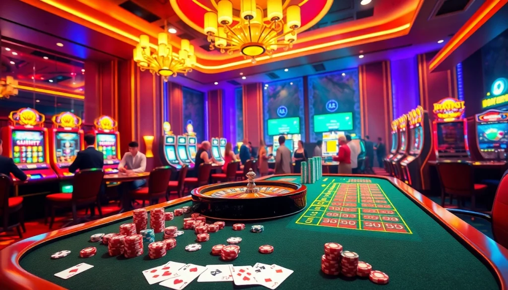 S88bet players enjoying an exciting casino scene with poker tables and vibrant slot machines.