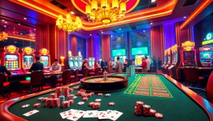 S88bet players enjoying an exciting casino scene with poker tables and vibrant slot machines.