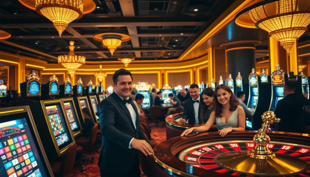 Excited players engaging with kerajaanslot machines in a luxurious casino setting.
