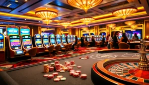 Exciting online gambling scene featuring gk88 đăng nhập with vibrant slots and poker tables.