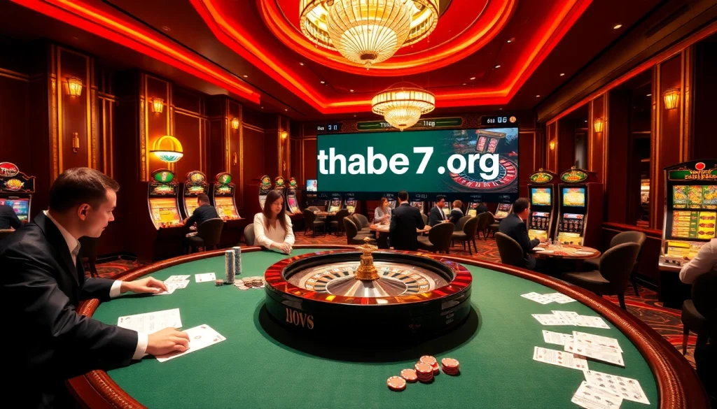 Thrilling casino scene showcasing engaging gameplay at thabet77 org, highlighting slot machines and poker tables.