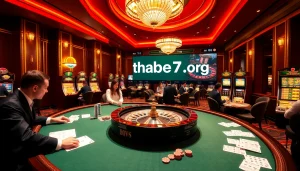 Thrilling casino scene showcasing engaging gameplay at thabet77 org, highlighting slot machines and poker tables.