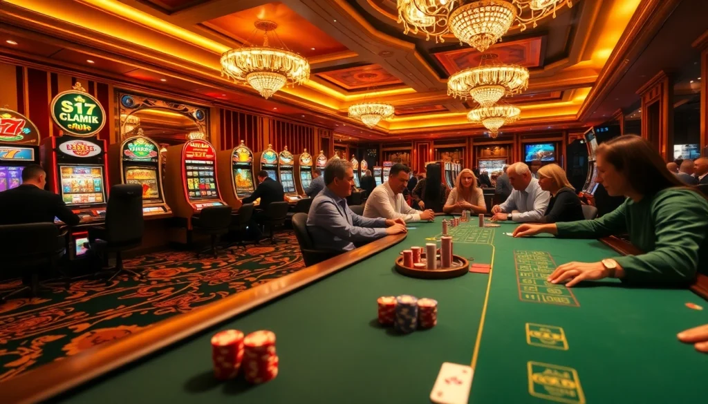 Joueurs engagés profitant d'une expérience excitante de casino en ligne avec des tables vibrantes et des machines à sous.