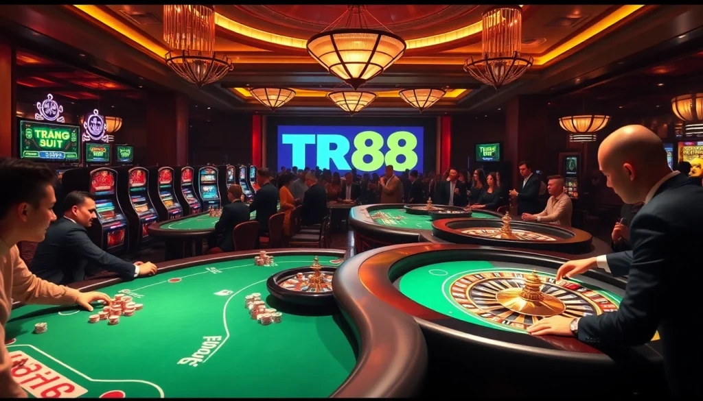 Experience the thrill of TR88 TRANG CHỦ with gamblers at professional casino tables amidst exciting gameplay.