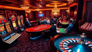 Rasakan sensasi berjudi dengan adegan menarik dari aurendezvousdesamis.com, menampilkan mesin slot yang berwarna-warni dan pemain yang antusias.