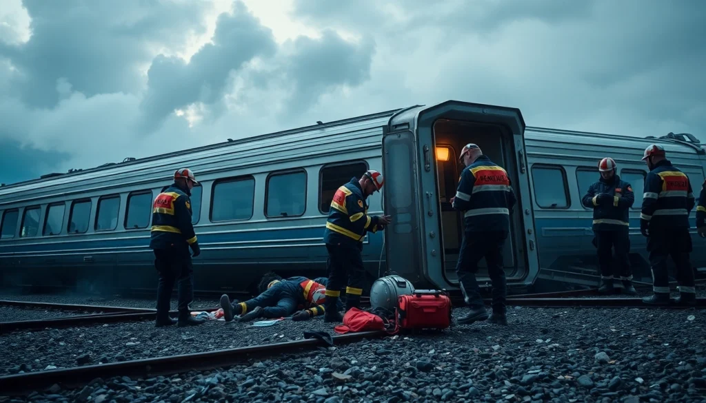 Response team working diligently at the spain train crash site amid wreckage and smoke.