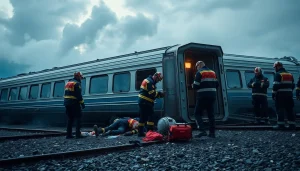 Response team working diligently at the spain train crash site amid wreckage and smoke.