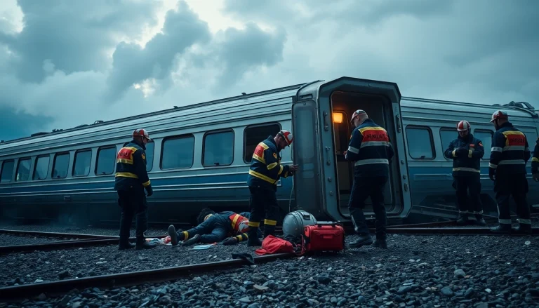 Response team working diligently at the spain train crash site amid wreckage and smoke.