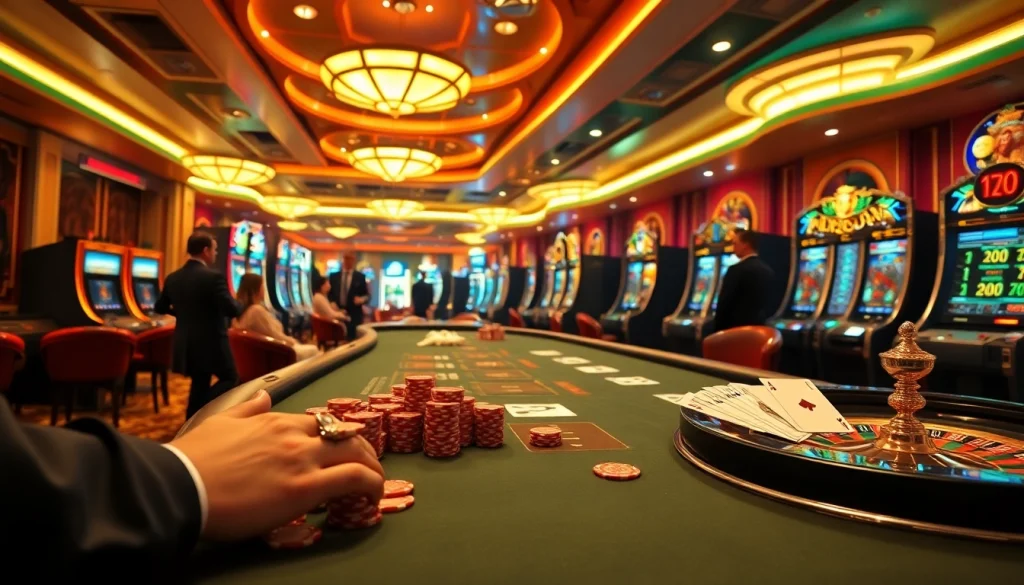 Pemain yang terlibat dalam taruhan berisiko tinggi di meja kasino KIT4D mewah dengan chip poker berwarna-warni.