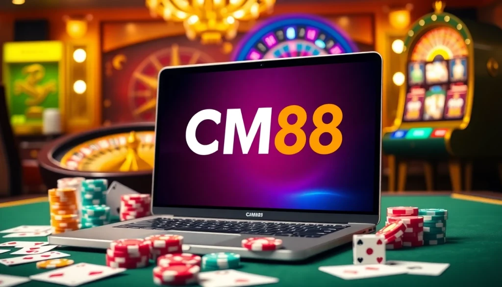 Experience the thrill of online gambling at CM88 with vibrant poker chips and a digital roulette wheel.