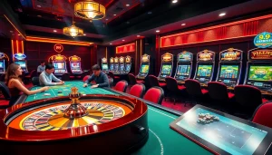 Experience high-stakes action at PS 99 with players engaging at the poker table and vibrant slot machines.