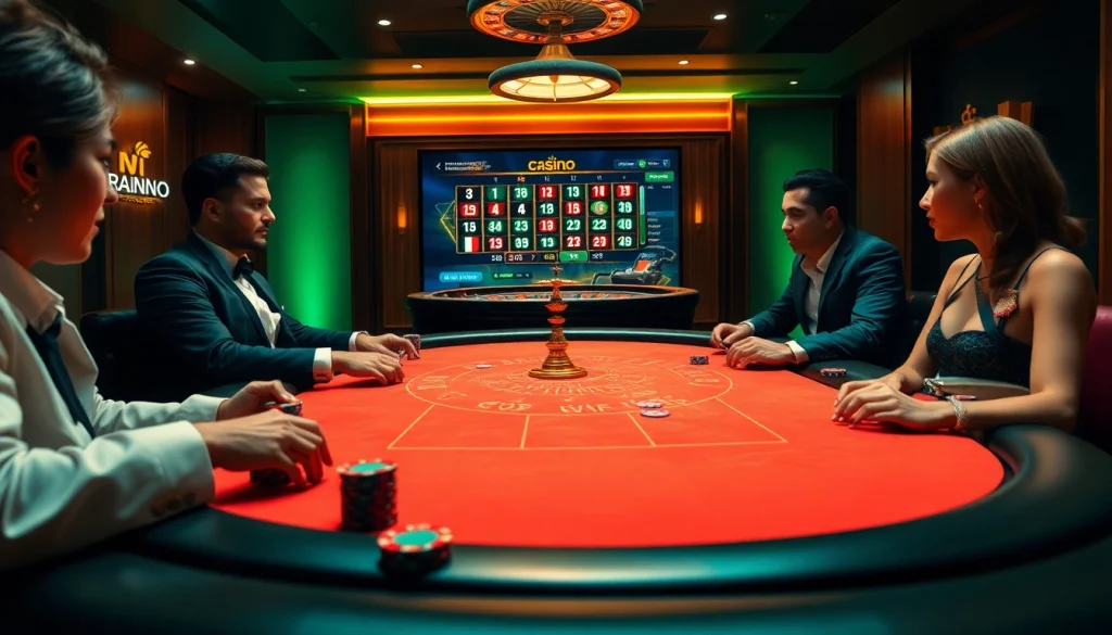 Scène engageante de joueurs autour d'une table de poker luxueuse dans un casino en ligne.