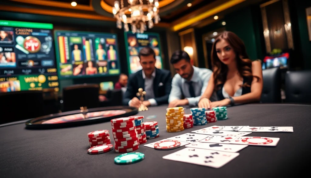 Des joueurs participant à un poker à enjeux élevés dans un luxueux casino en ligne, mettant en avant l'excitation et la stratégie.