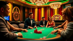 KJC players strategizing at an upscale poker table in a vibrant casino environment.