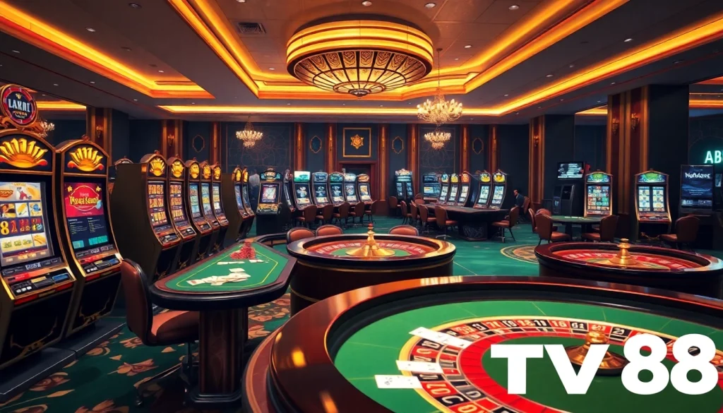 Players engaging in exciting casino games at TV88, featuring slots and poker tables.