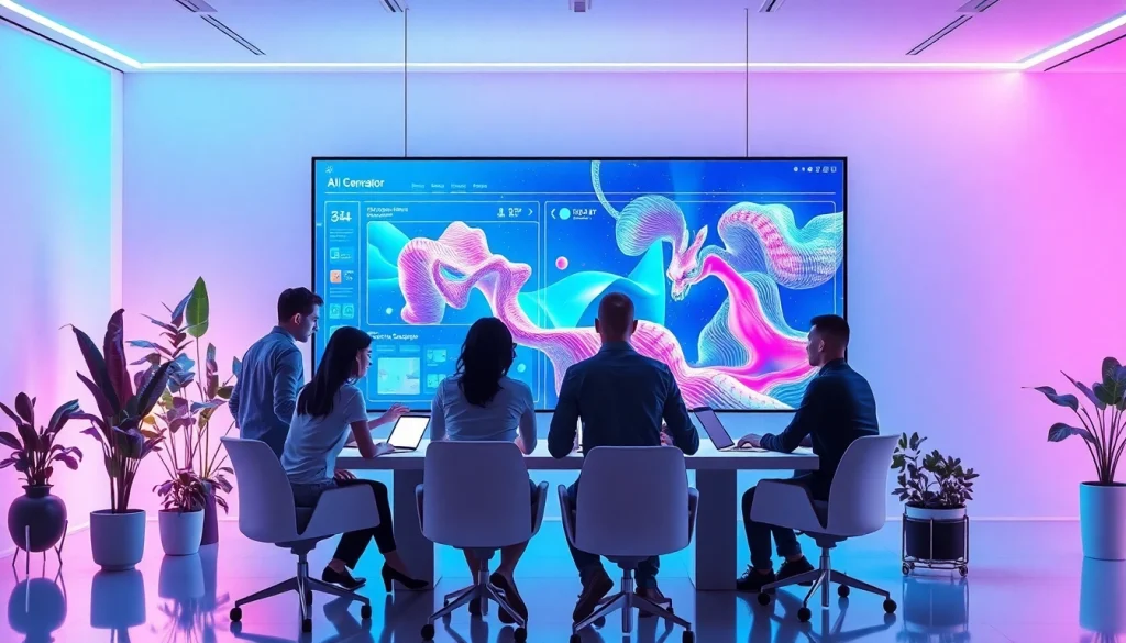 Image to prompt showcasing a futuristic AI workspace with diverse users generating stunning artworks.