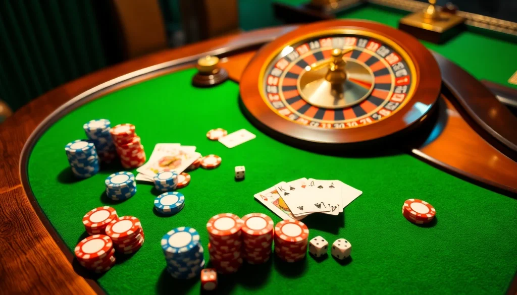 Engagez-vous avec une scène de casino en ligne excitante mettant en scène des jetons de poker, des cartes et une roulette.
