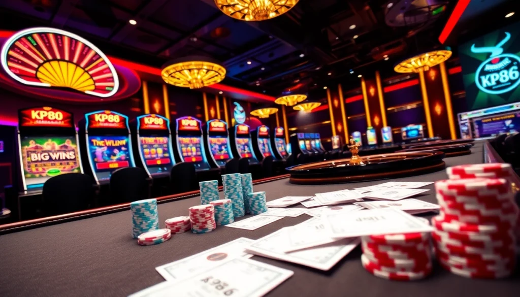 Engaging scene at kp88. com showing a luxury gaming setup with cards, roulette, and excited players.