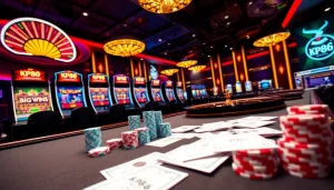 Engaging scene at kp88. com showing a luxury gaming setup with cards, roulette, and excited players.