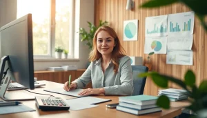 Profesjonalny księgowy świadczący Usługi księgowe w nowoczesnym biurze z dokumentami finansowymi i oprogramowaniem.