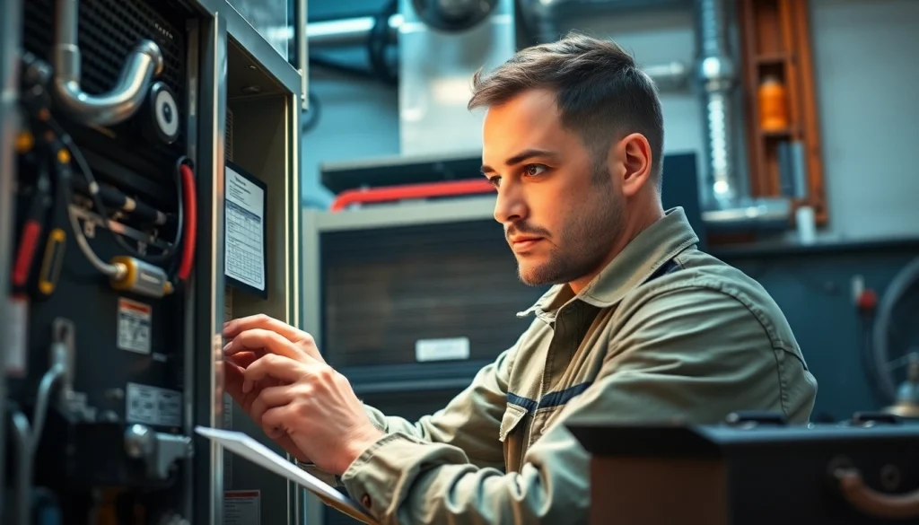 Technician performing furnace maintenance services with focused attention in an HVAC workshop.