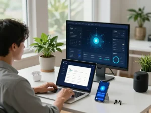 快连应用程序在现代工作空间的笔记本电脑上，展示无缝的全球连接功能。