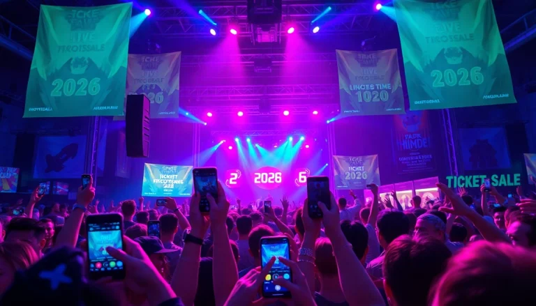 Excited fans at a Live presale 2026 event with vibrant lighting and concert banners.