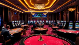 Engaging scene at thabet casino with players competing at card tables and vibrant slot machines.